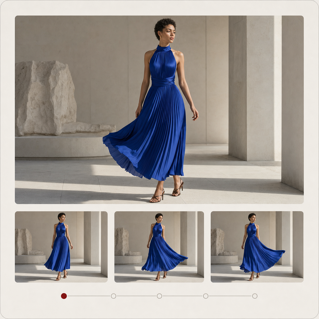 Sequential fashion-video frames showing a cobalt pleated dress in motion