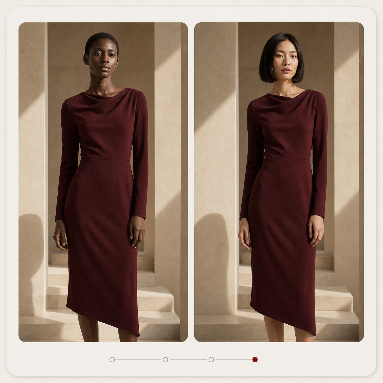 The same oxblood dress shown consistently on two different fashion models