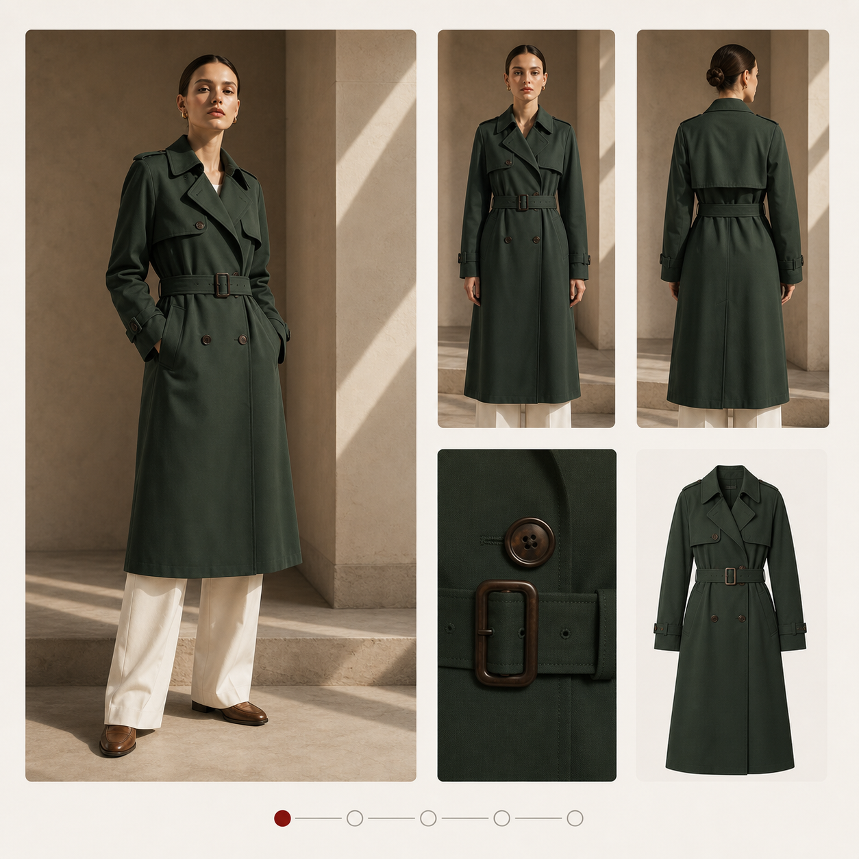 Complete product-page image set for a forest-green trench coat