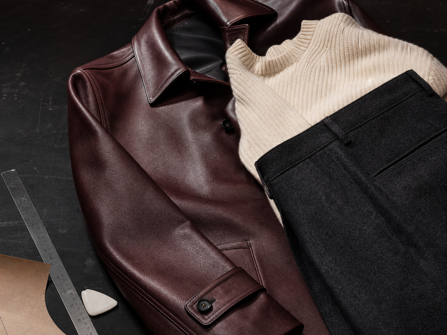 Luxury garment details arranged on a dark atelier work table