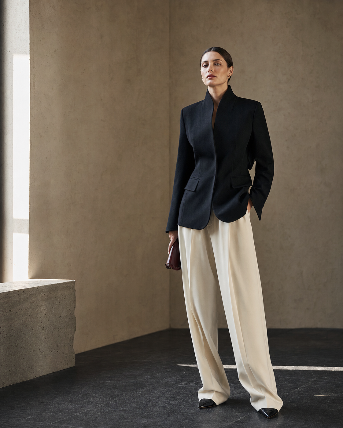 Tailored fashion look in a modern editorial studio